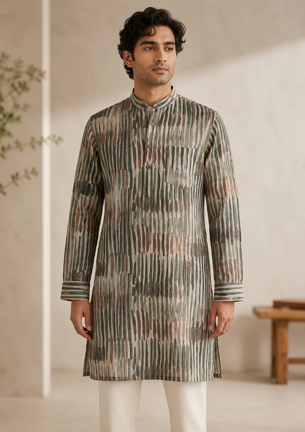 Rustic Linear Print Linen Kurta