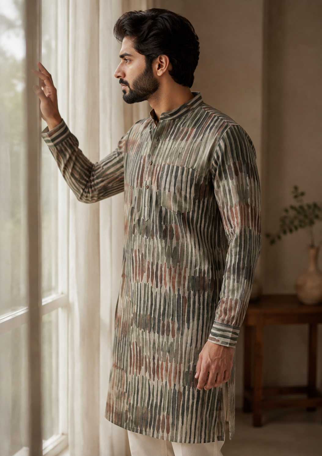 Rustic Linear Print Linen Kurta