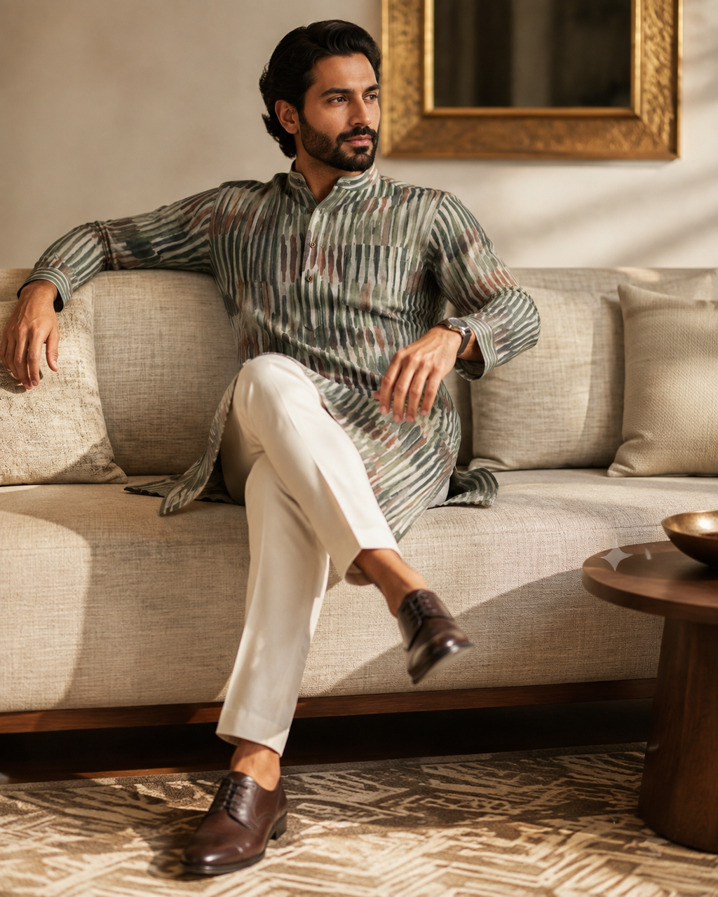 Rustic Linear Print Linen Kurta
