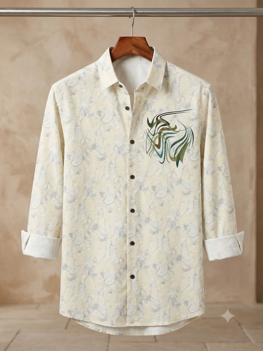 Off-White Subtle Print with Linear Art Detail Shirt