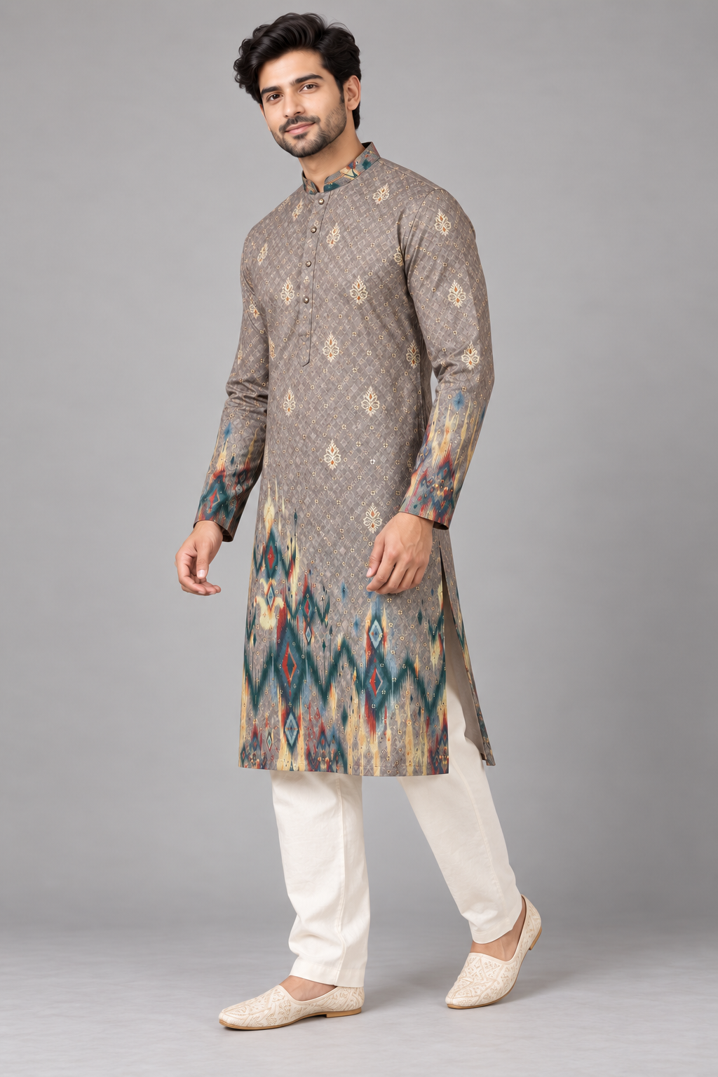 Mocha Brown Ikat Digital Print Kurta