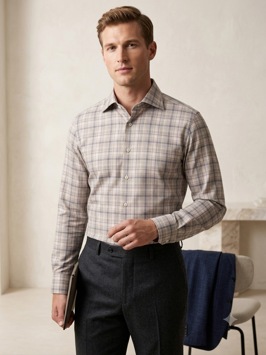 Classic Beige & Grey Plaid Dress Shirt