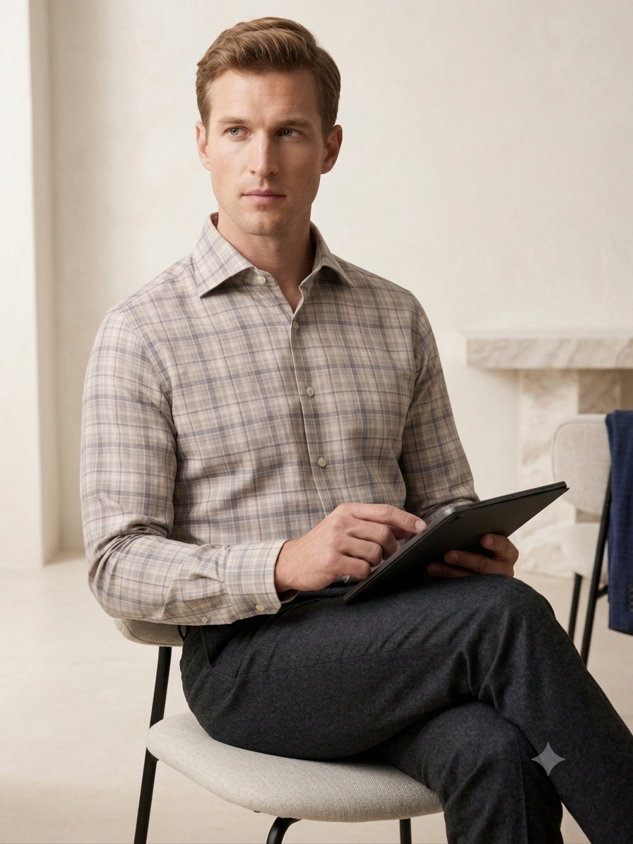 Classic Beige & Grey Plaid Dress Shirt