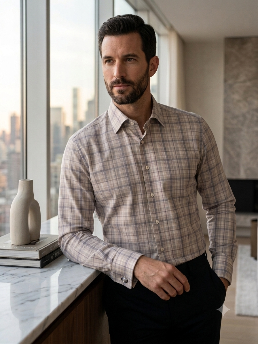 Classic Beige & Grey Plaid Dress Shirt