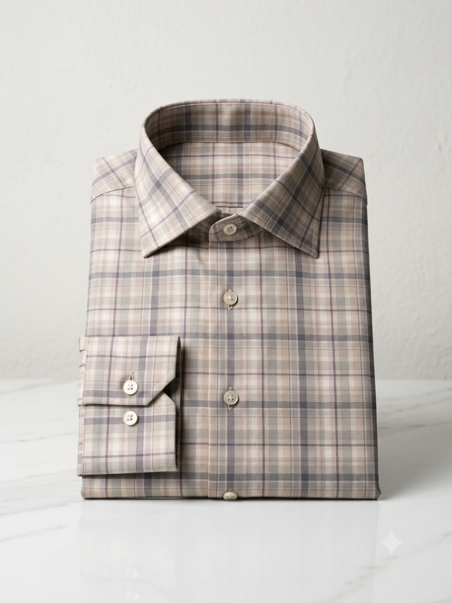 Classic Beige & Grey Plaid Dress Shirt