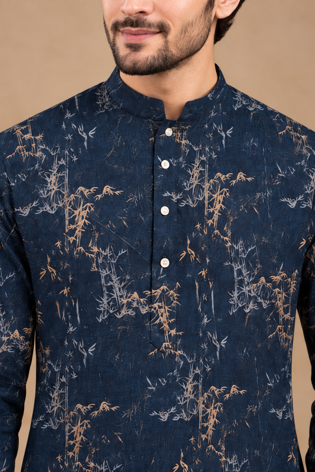 Deep Navy Bamboo Printed Kurta