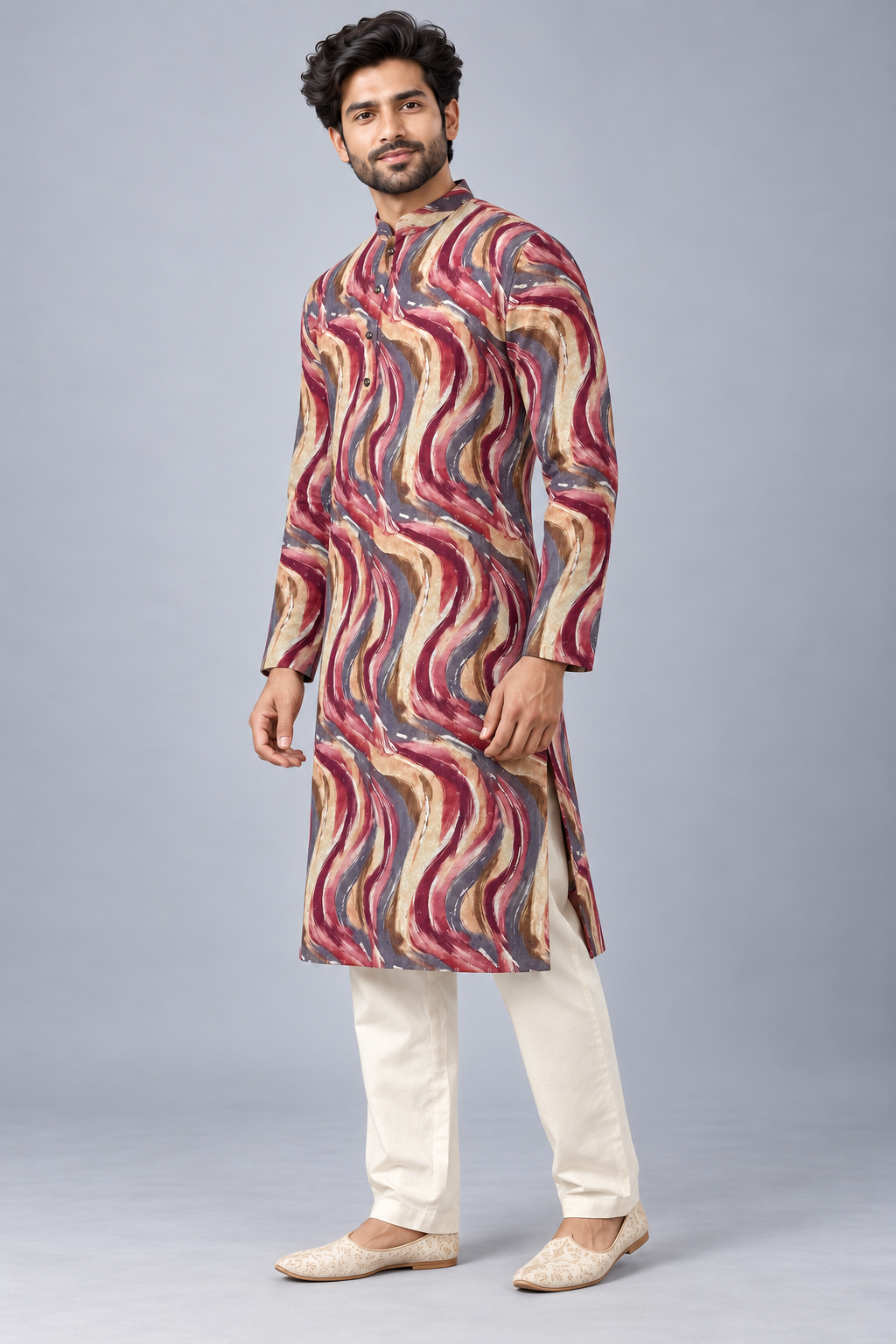 Men's Burgundy & Earthy Ripple Print Sequin Kurta