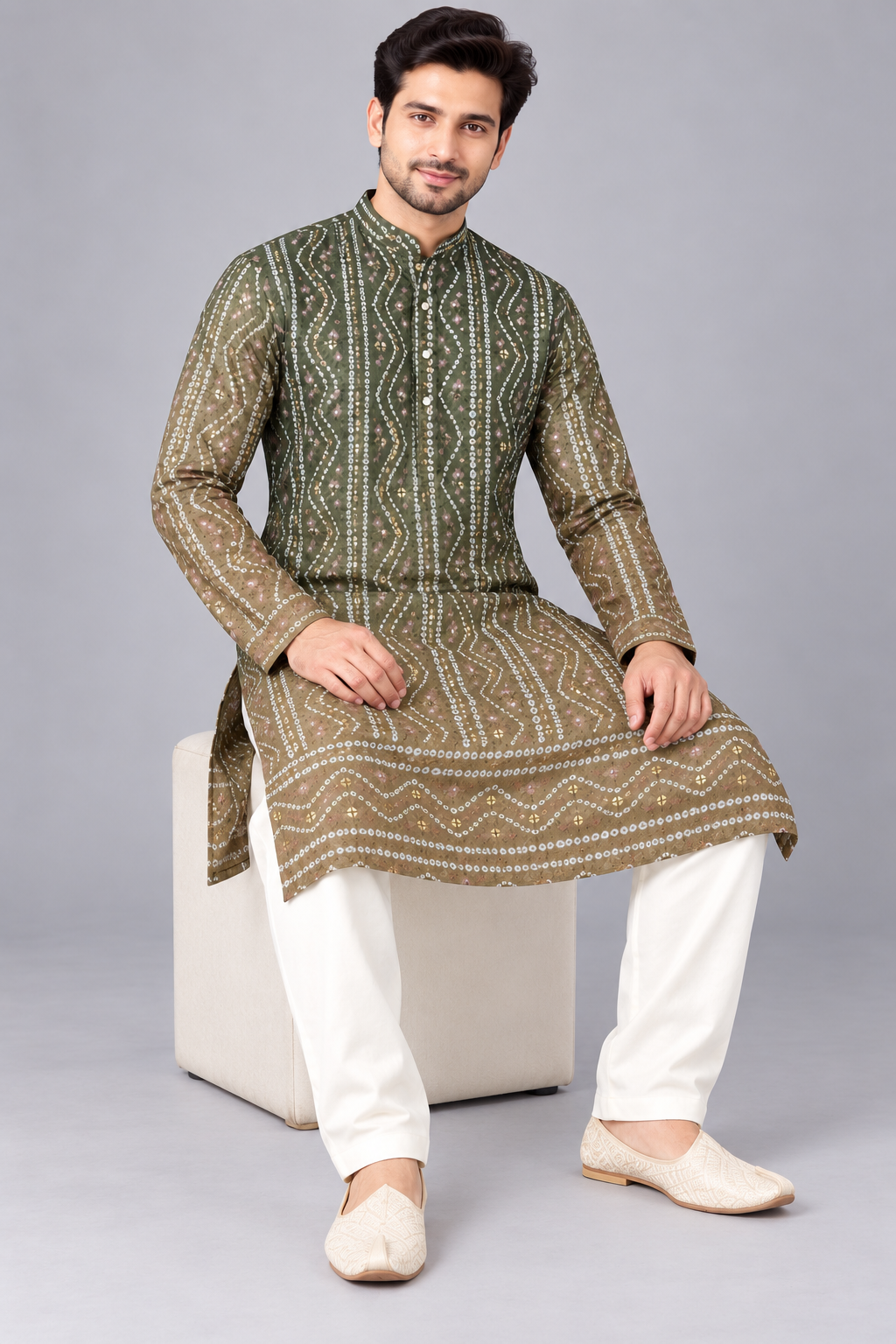Ethnic Olive Green Bandhej Kurta