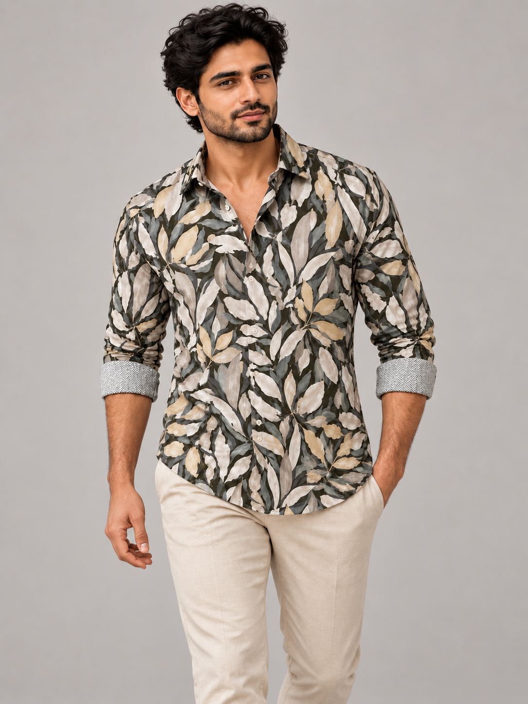Olive & Ecru Foliage Painted Print Shirt