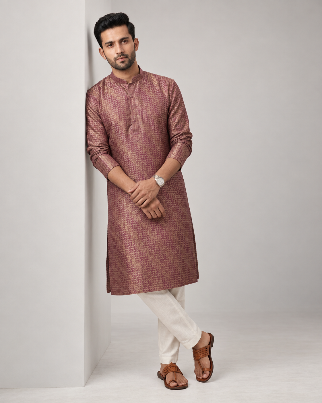 Dusty Mauve Jacquard Woven Silk Kurta