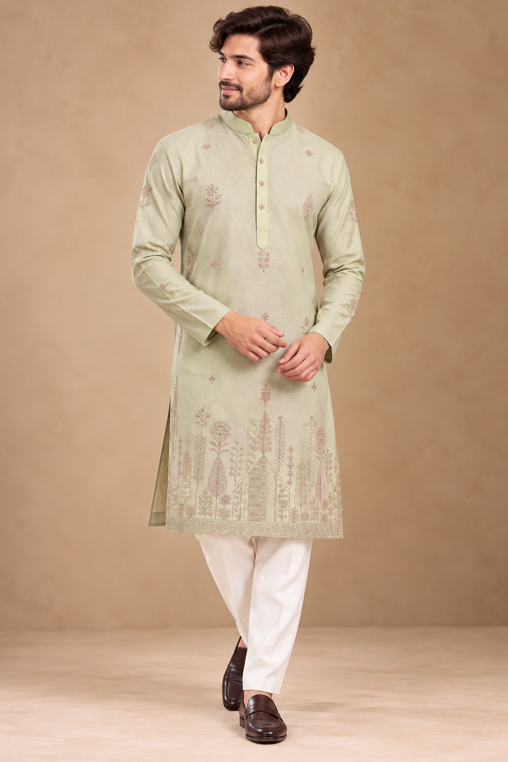 Pale Mint Kurta with Traditional Hem Motif