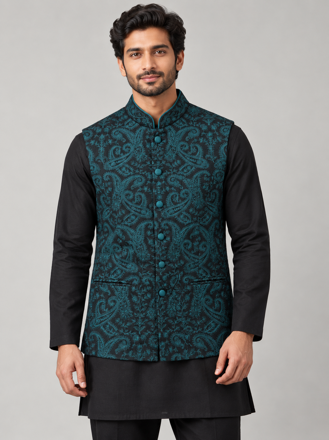 Midnight Teal Brocade  Jacket