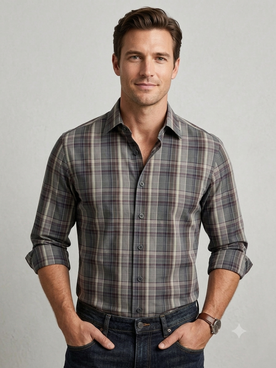 Classic Slate Check Cotton Men's Shirt