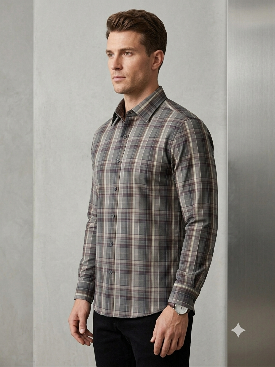 Classic Slate Check Cotton Men's Shirt