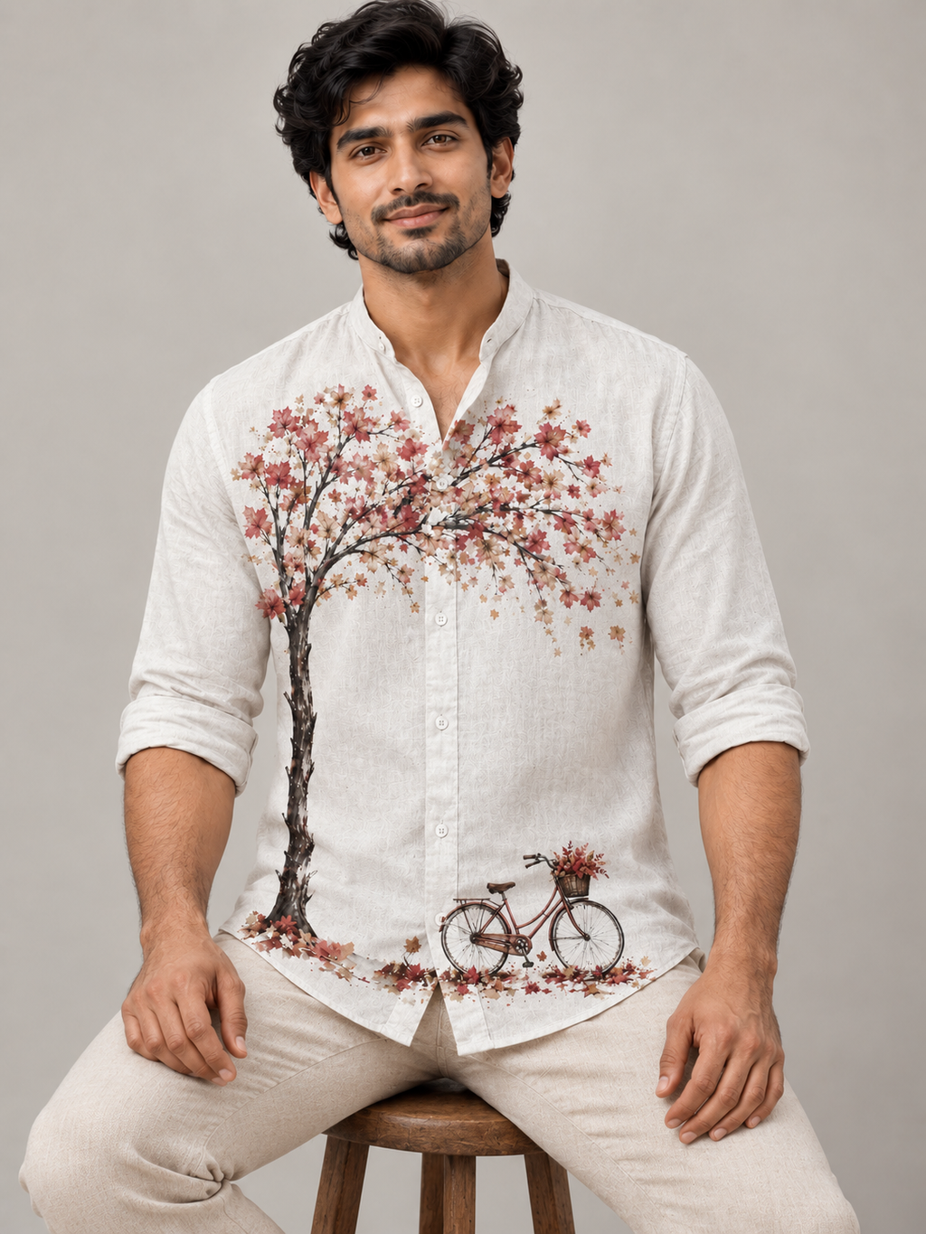 Men's Vintage Fall Placement Print Linen Shirt