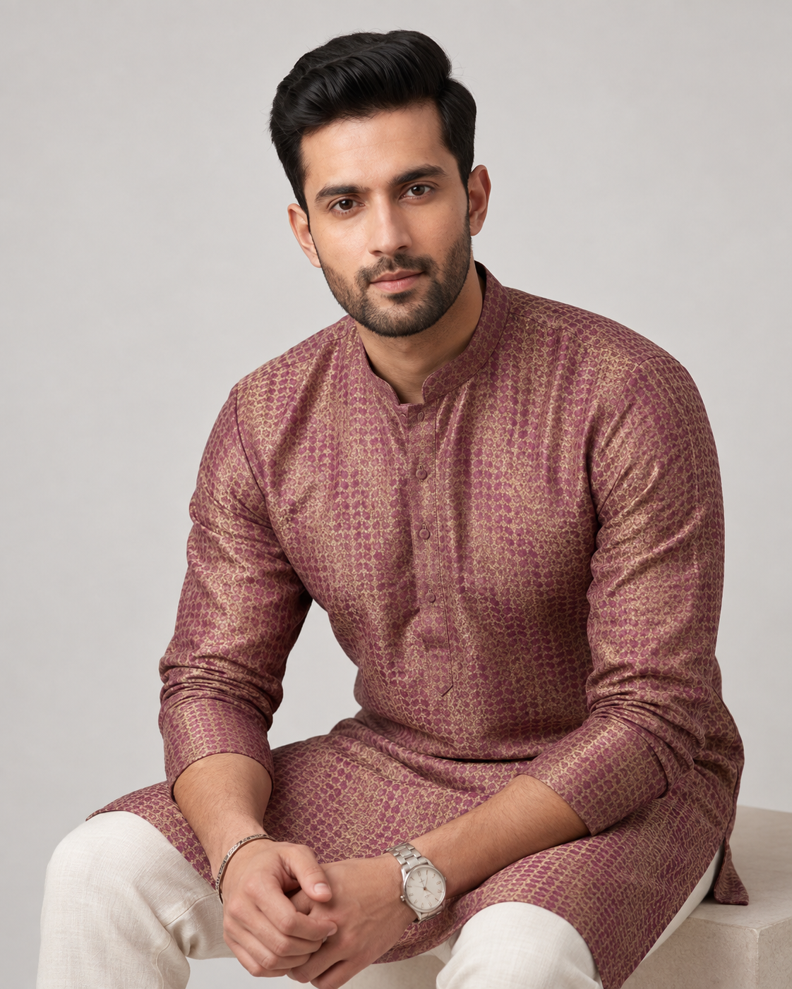 Dusty Mauve Jacquard Woven Silk Kurta