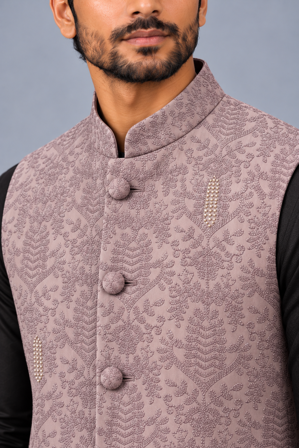 Vintage Rose Botanical Embroidered Nehru Vest