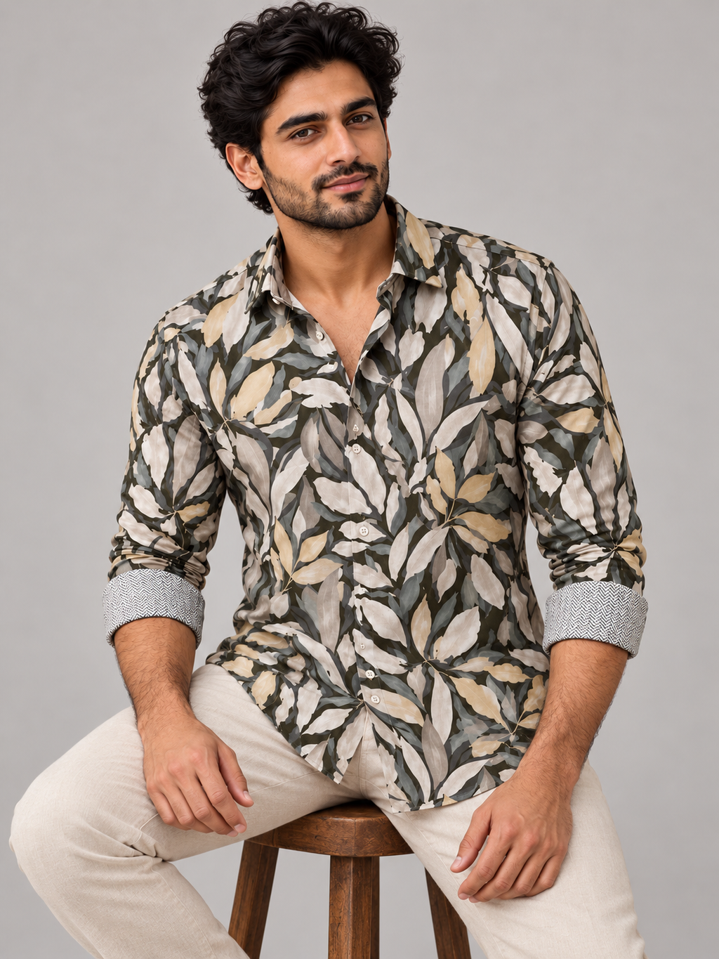 Olive & Ecru Foliage Painted Print Shirt