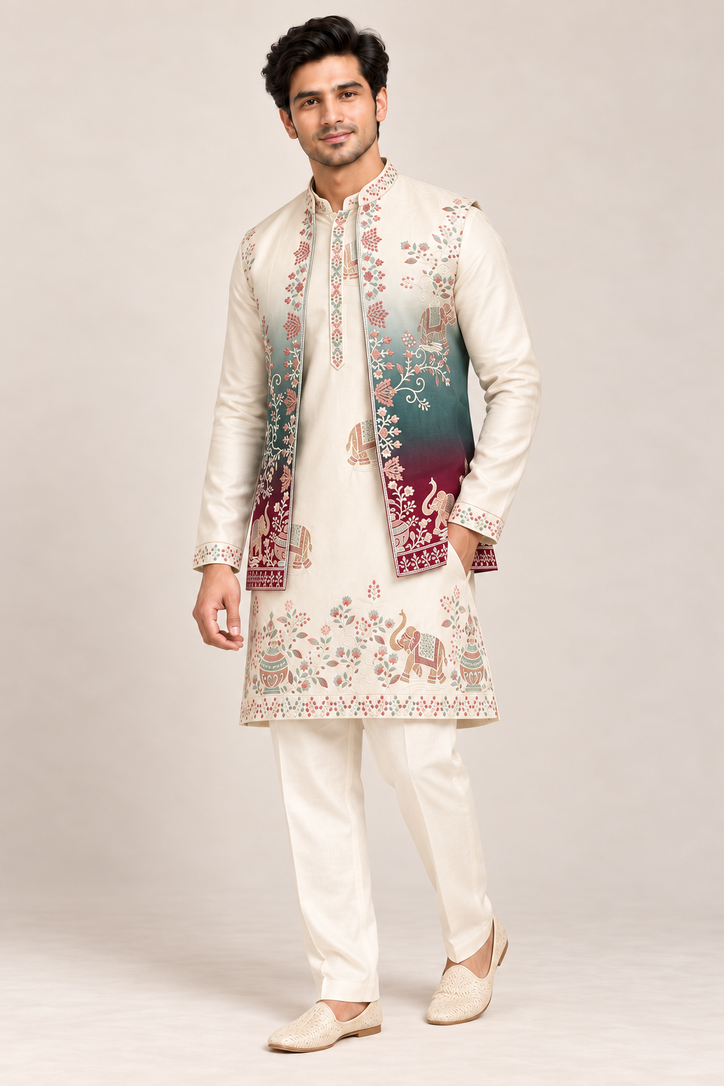 Heritage Elegance: Embroidered Ombré Kurta Bundi Set