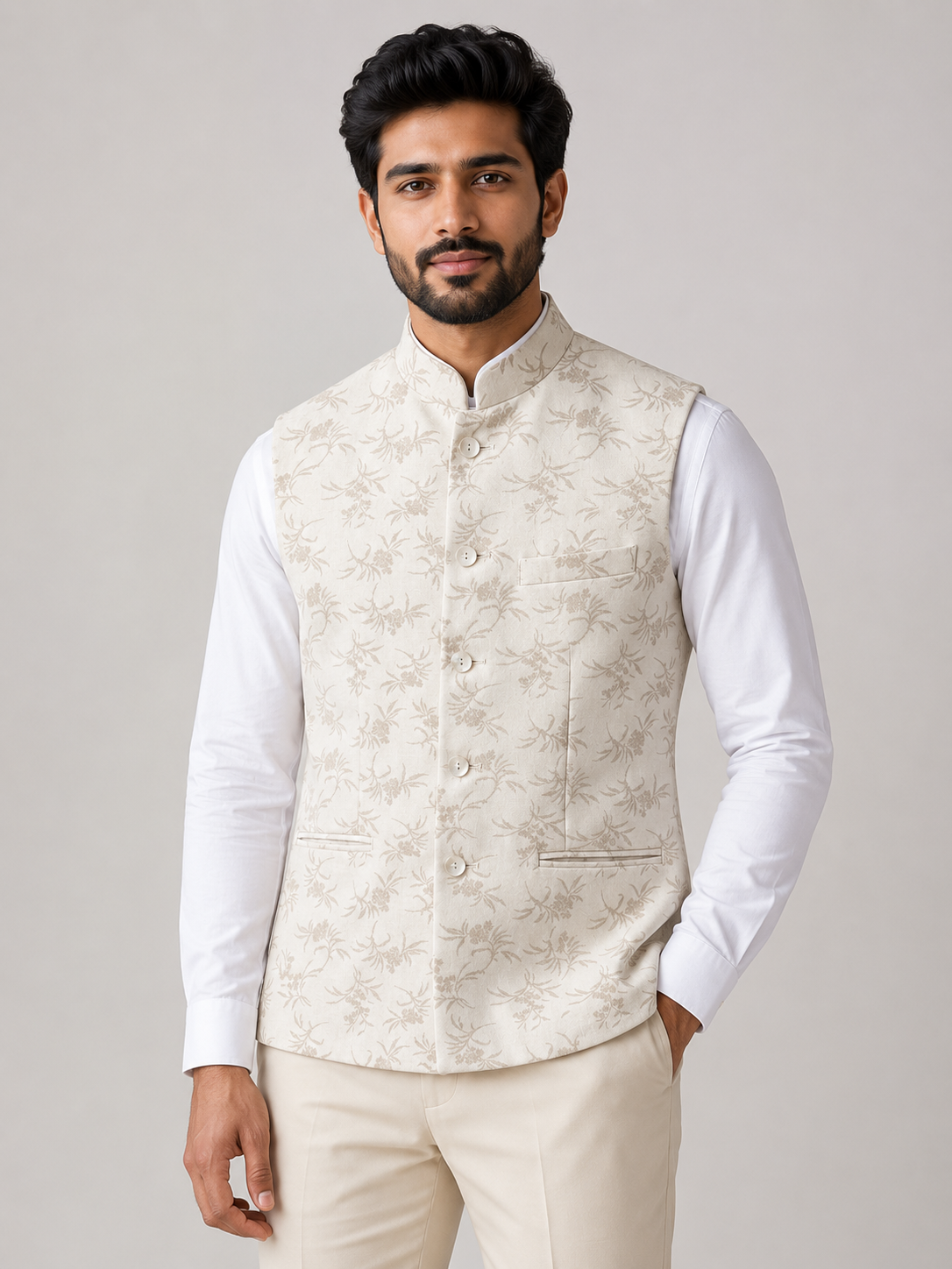 Ivory Floral Brocade Bandi Jacket