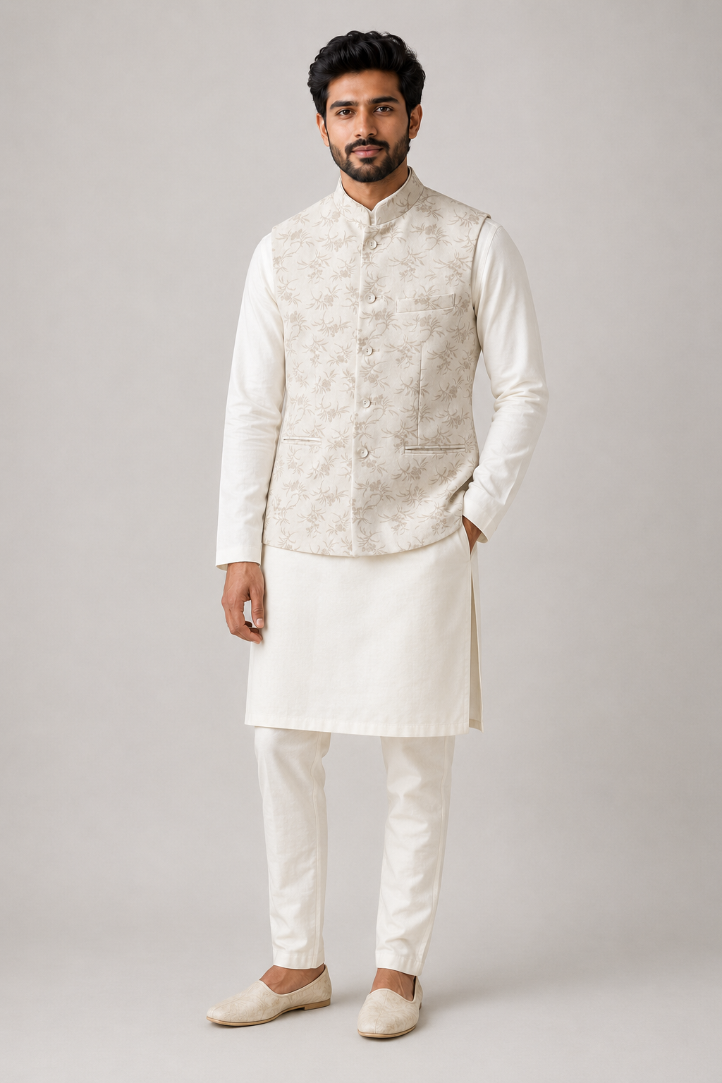 Ivory Floral Brocade Bandi Jacket