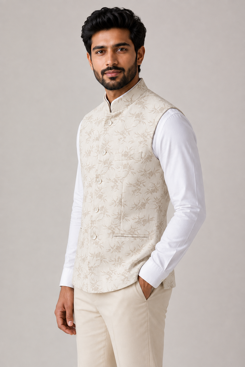 Ivory Floral Brocade Bandi Jacket