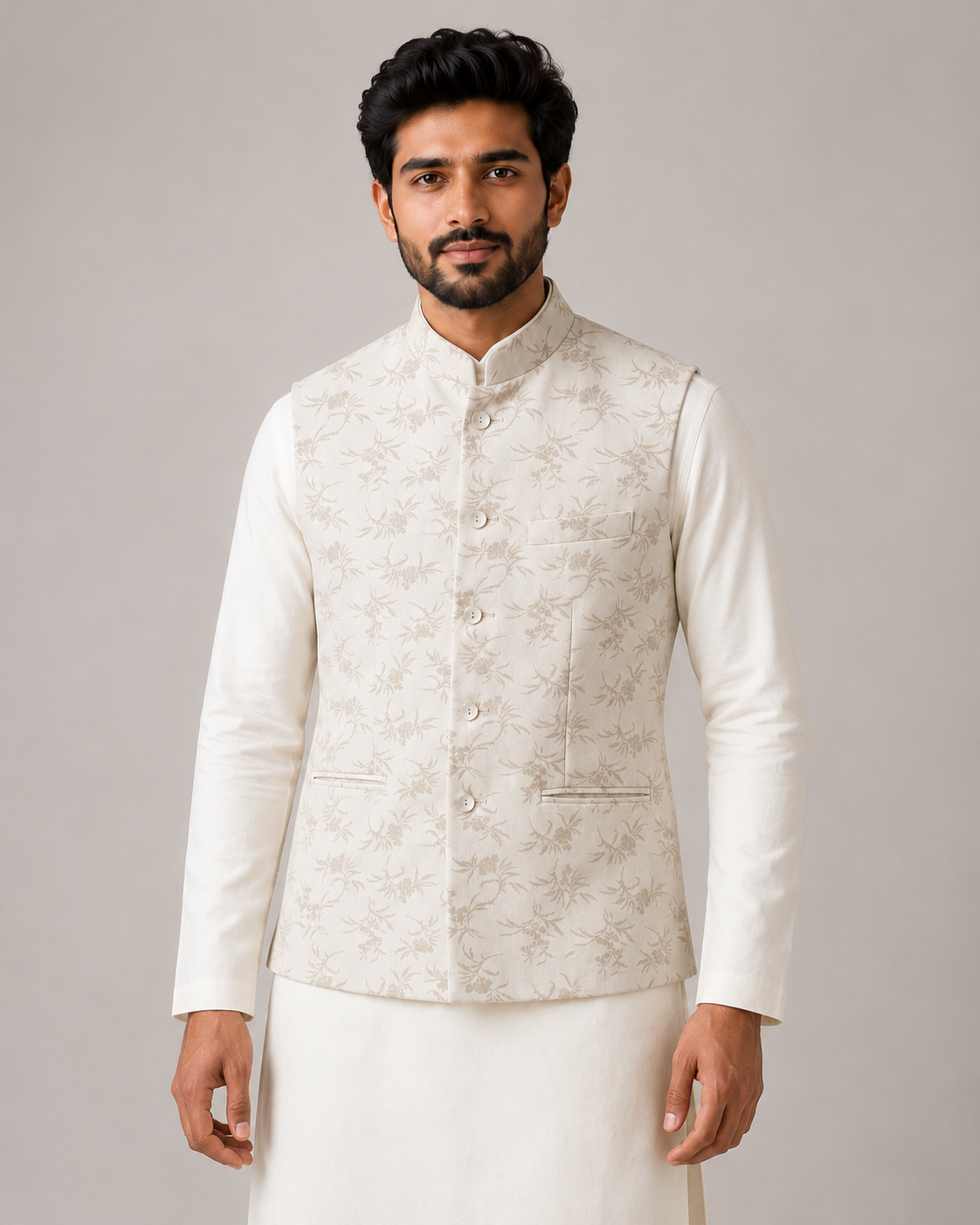 Ivory Floral Brocade Bandi Jacket