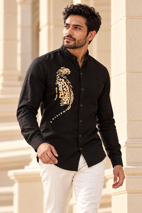 Gold Panther Embroidered Black Shirt