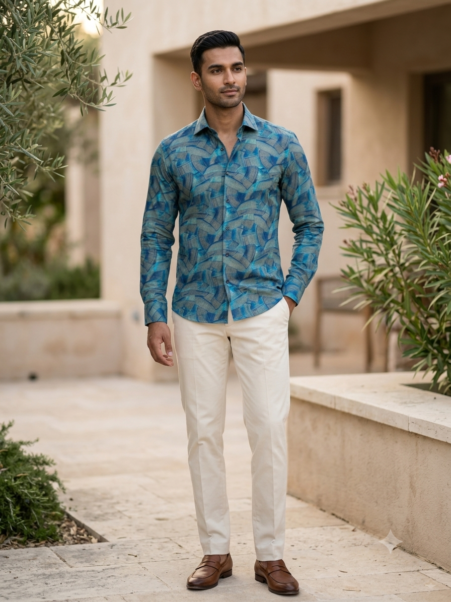 Teal Geometric Digital Print Pure Cotton Shirt