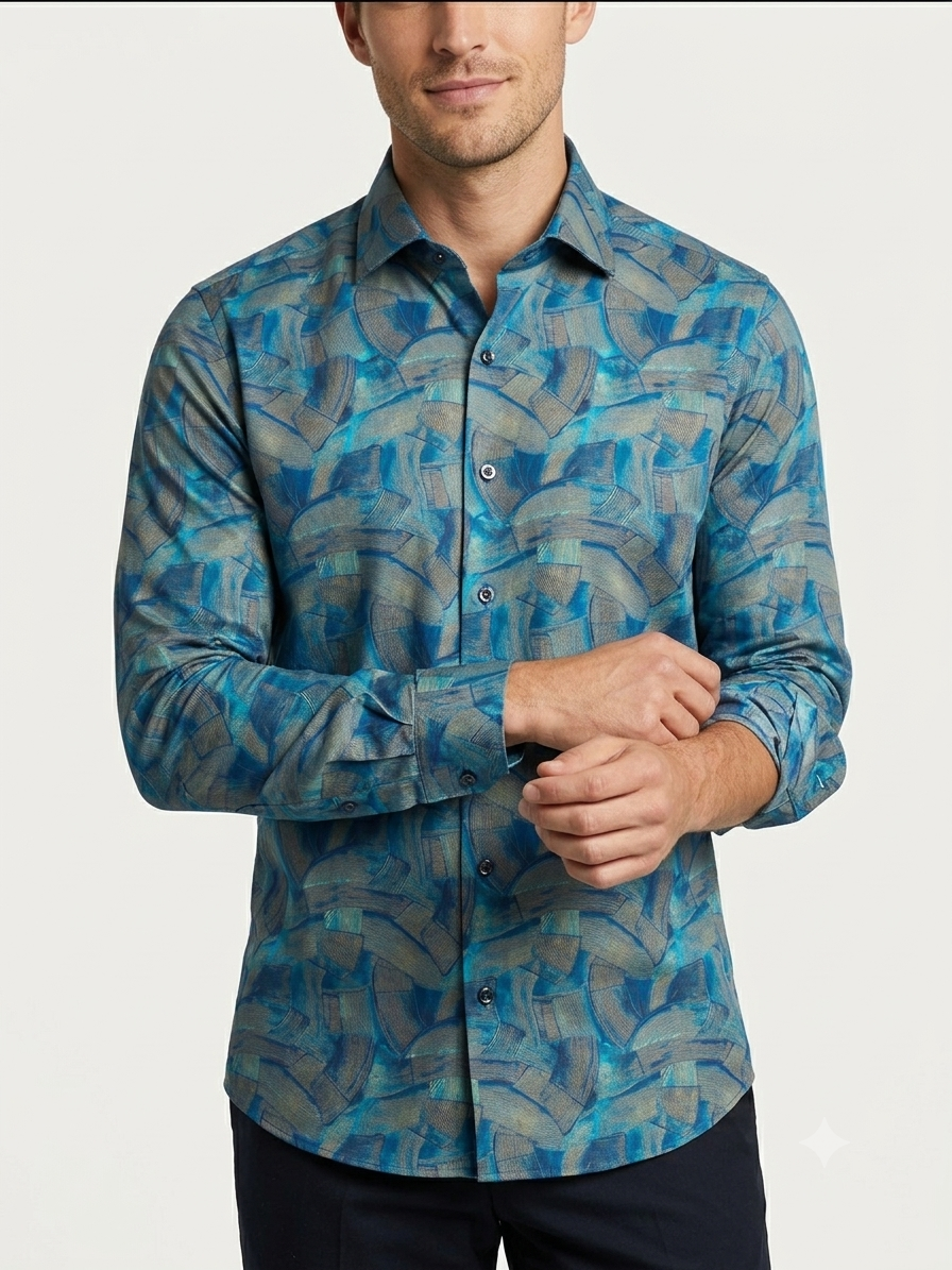 Teal Geometric Digital Print Pure Cotton Shirt