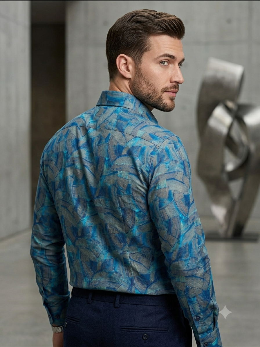Teal Geometric Digital Print Pure Cotton Shirt