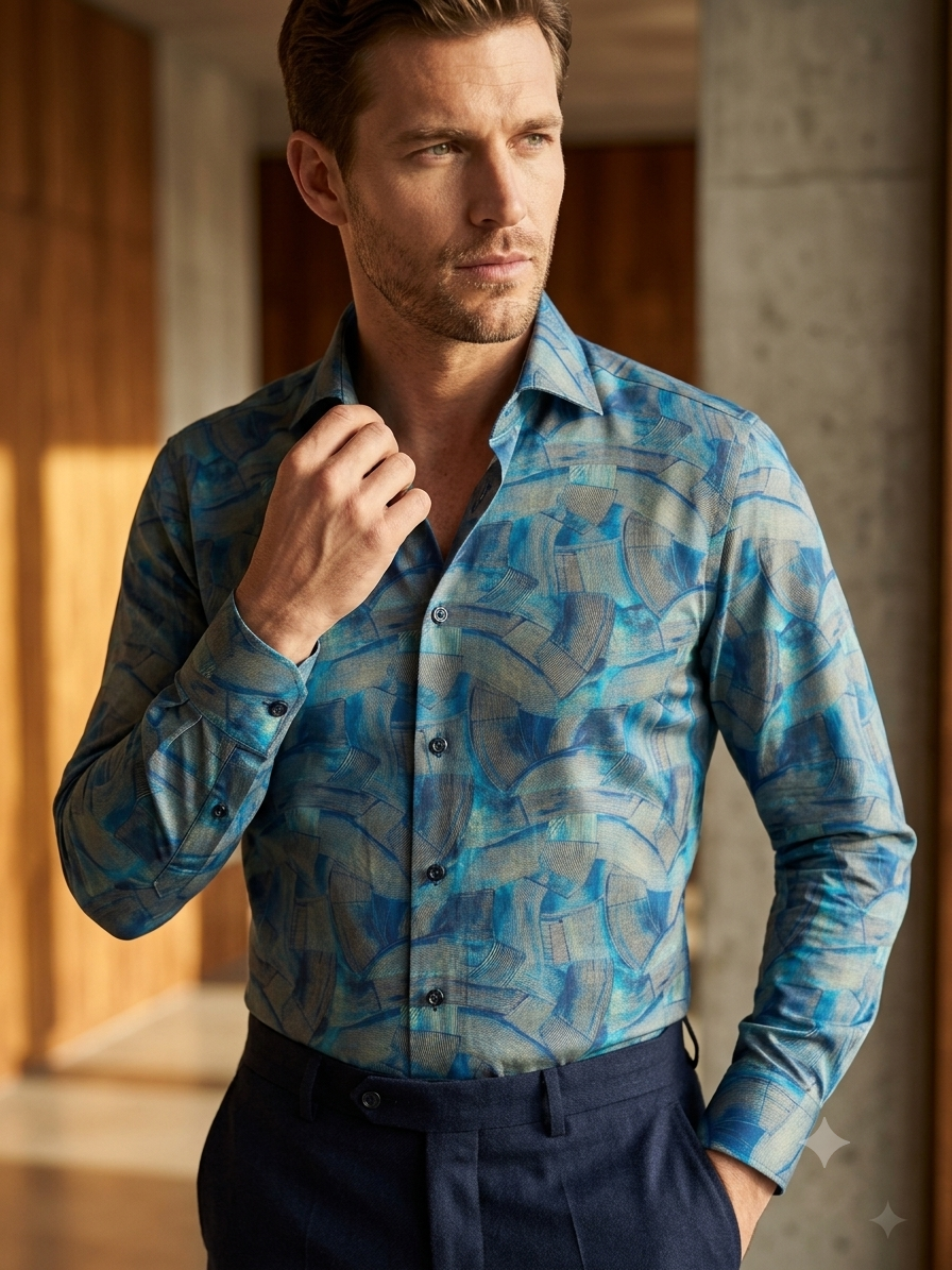 Teal Geometric Digital Print Pure Cotton Shirt