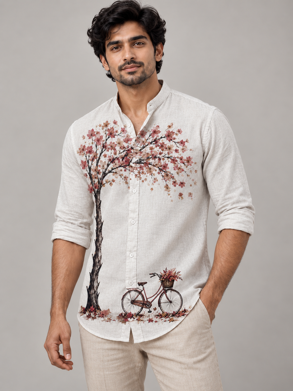 Men's Vintage Fall Placement Print Linen Shirt