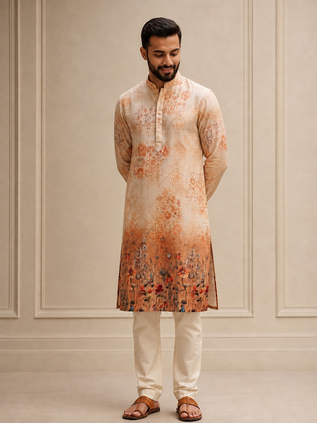 Rust Ombre Floral Digital Print Kurta