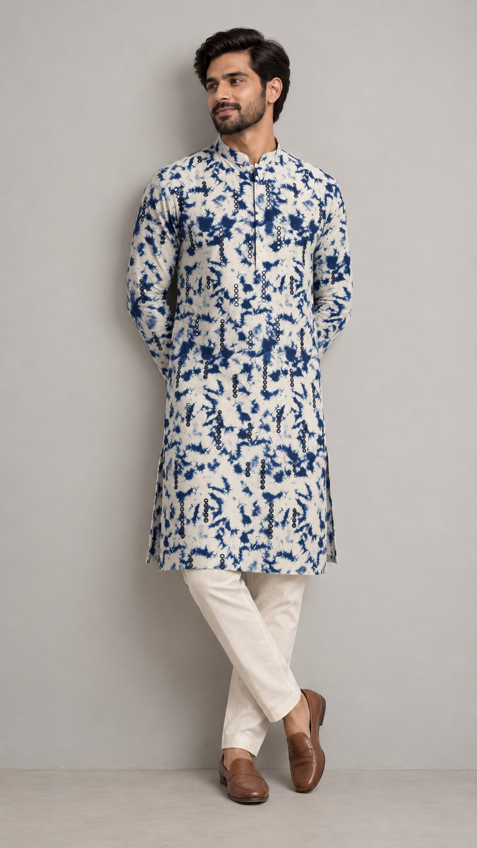 Indigo Splash Tie-Dye Mirror Work Kurta