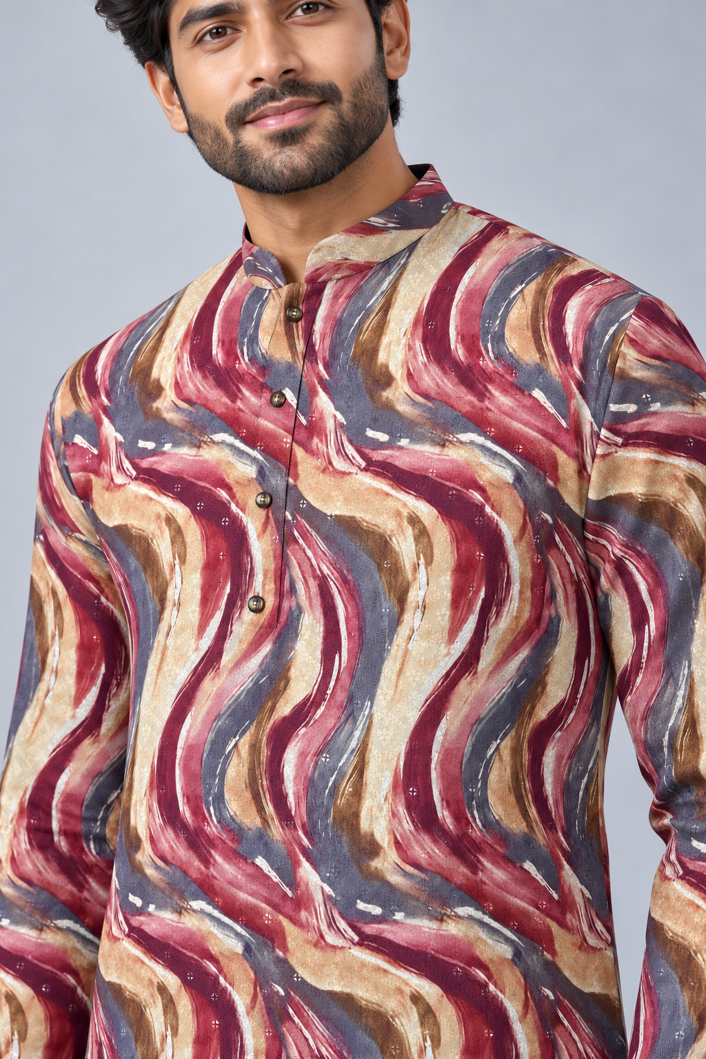Men's Burgundy & Earthy Ripple Print Sequin Kurta