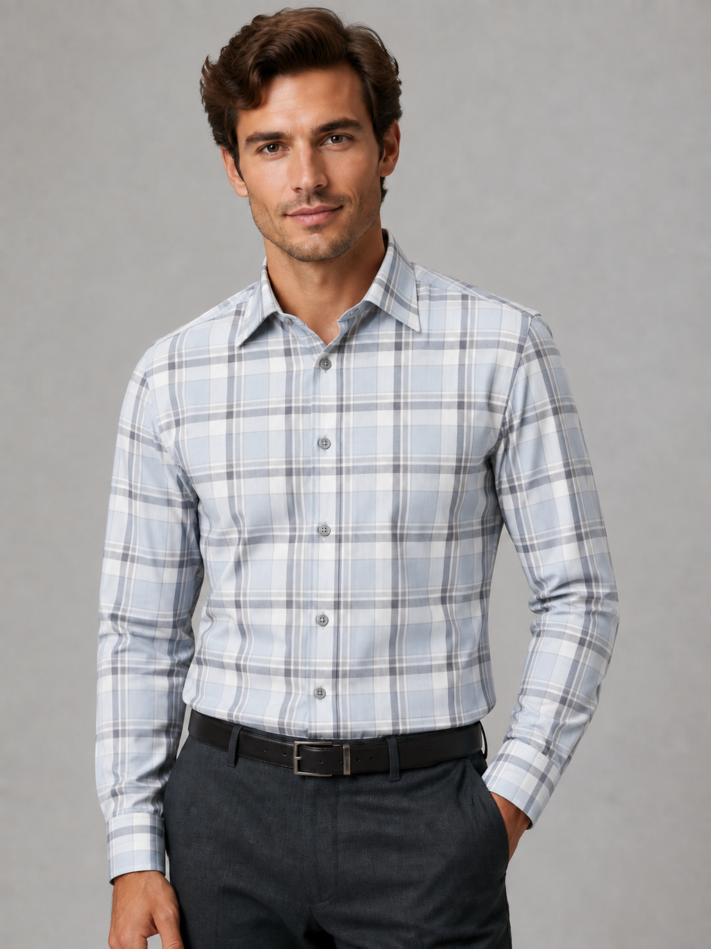 Fine Twill Plaid Dress Shirt Light Grey