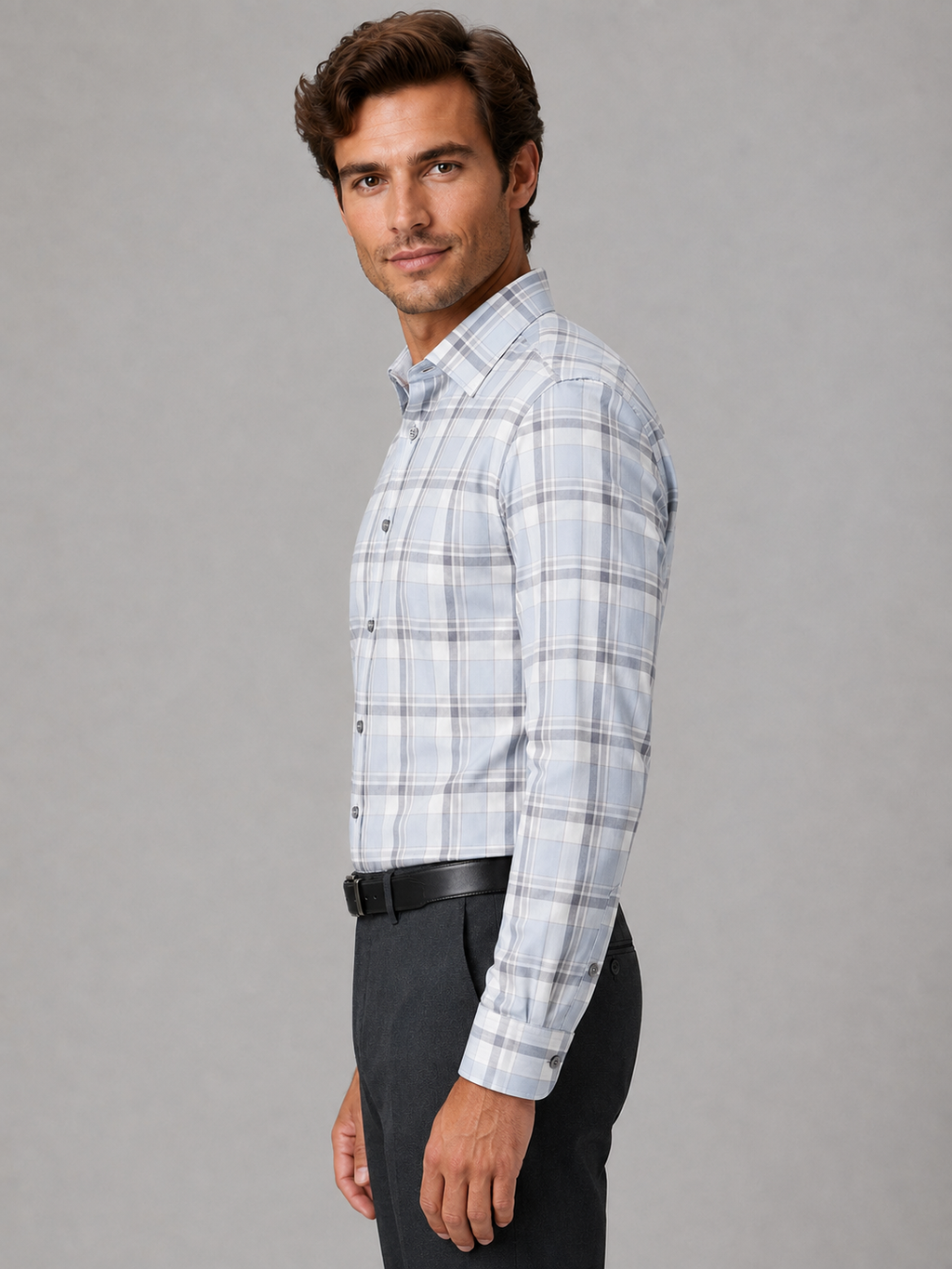 Fine Twill Plaid Dress Shirt Light Grey