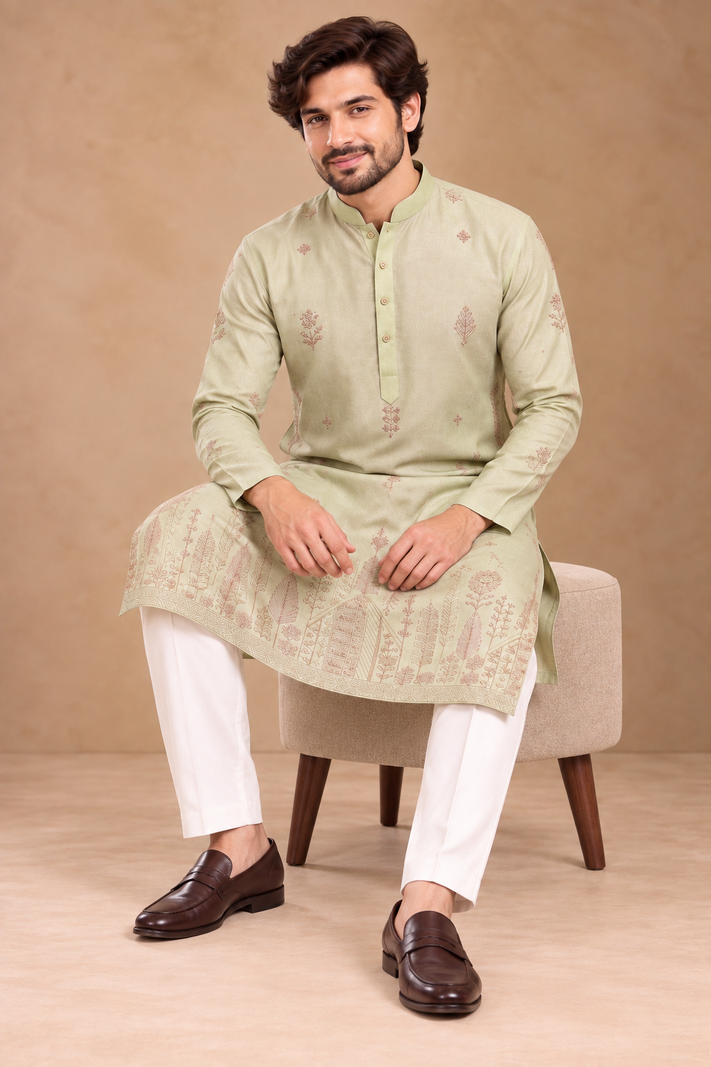 Pale Mint Kurta with Traditional Hem Motif