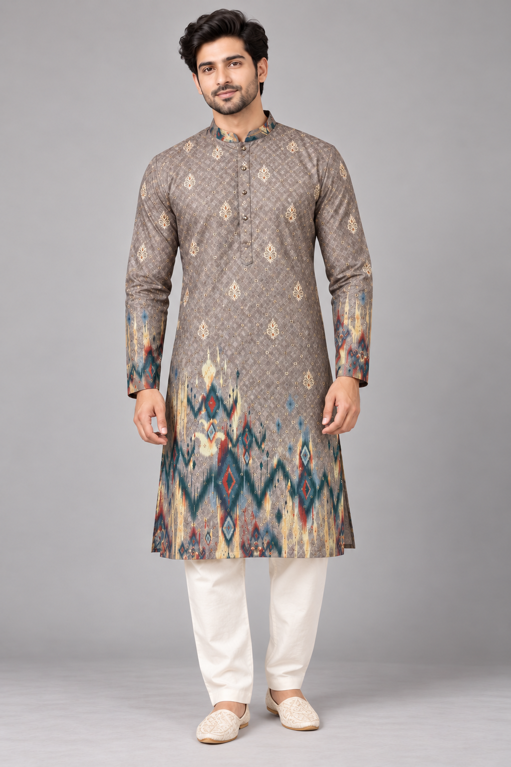Mocha Brown Ikat Digital Print Kurta