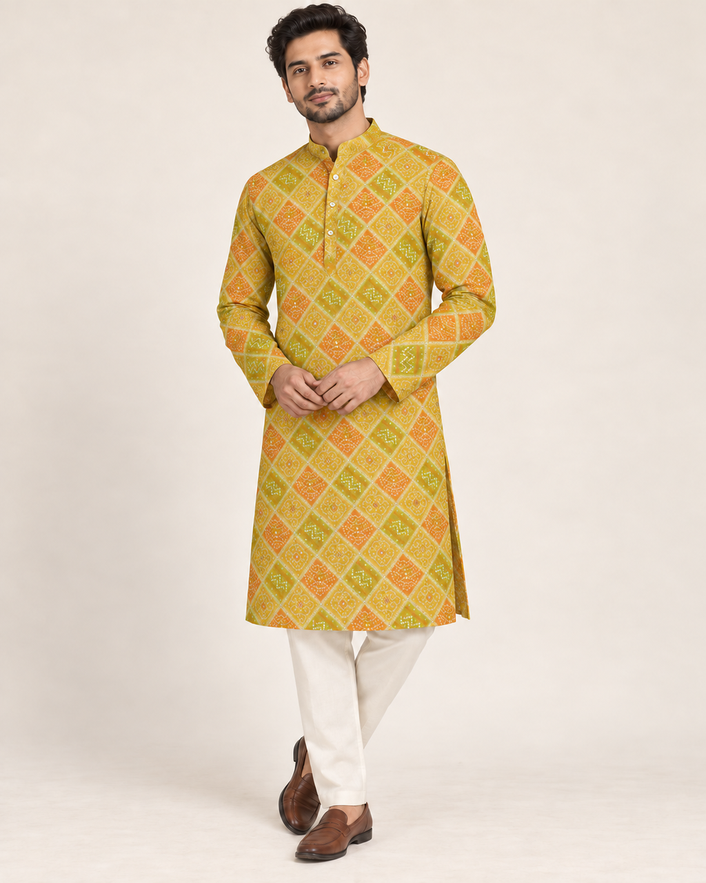 Mustard Bandhej Diamond Kurta