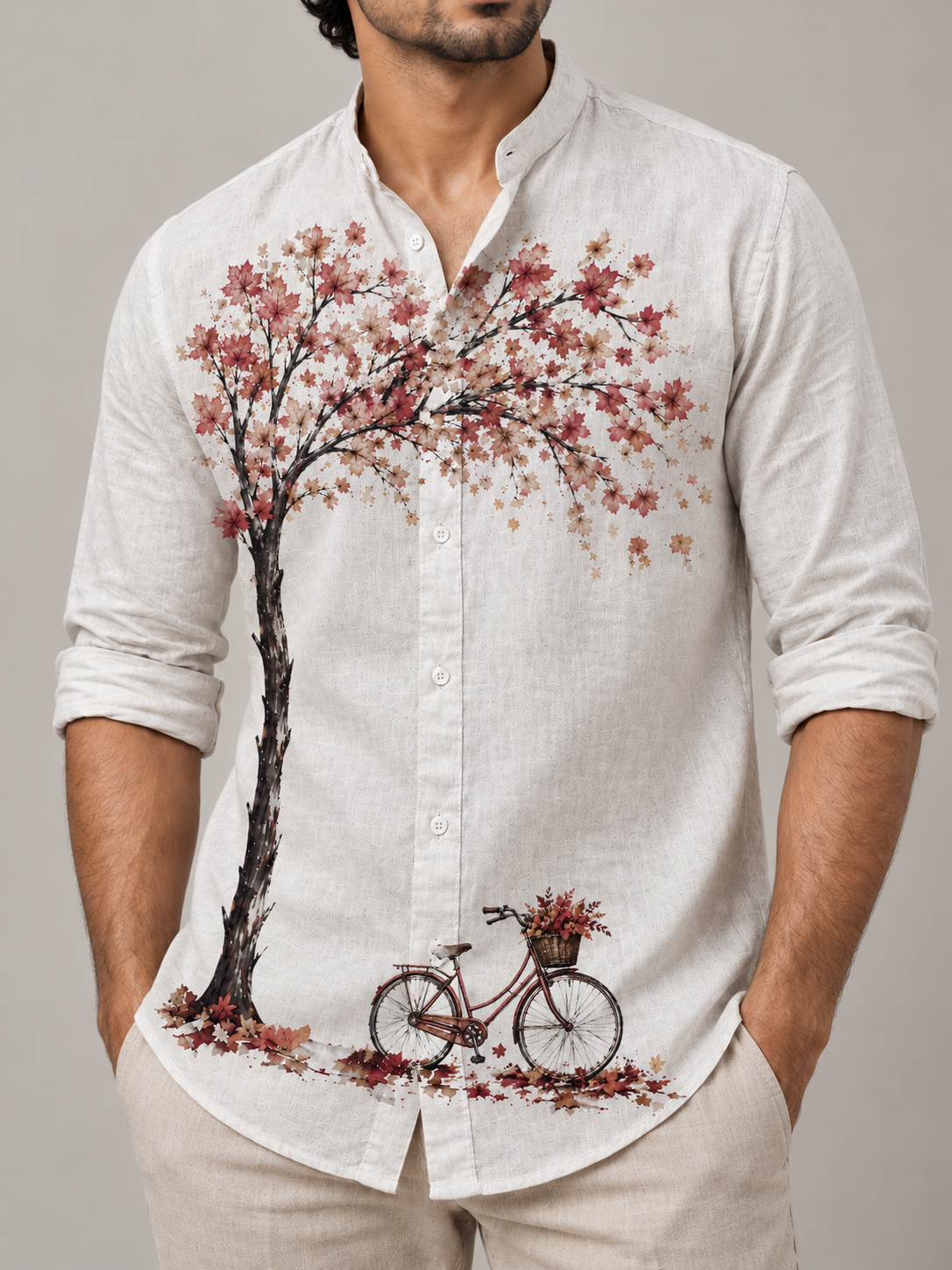 Men's Vintage Fall Placement Print Linen Shirt