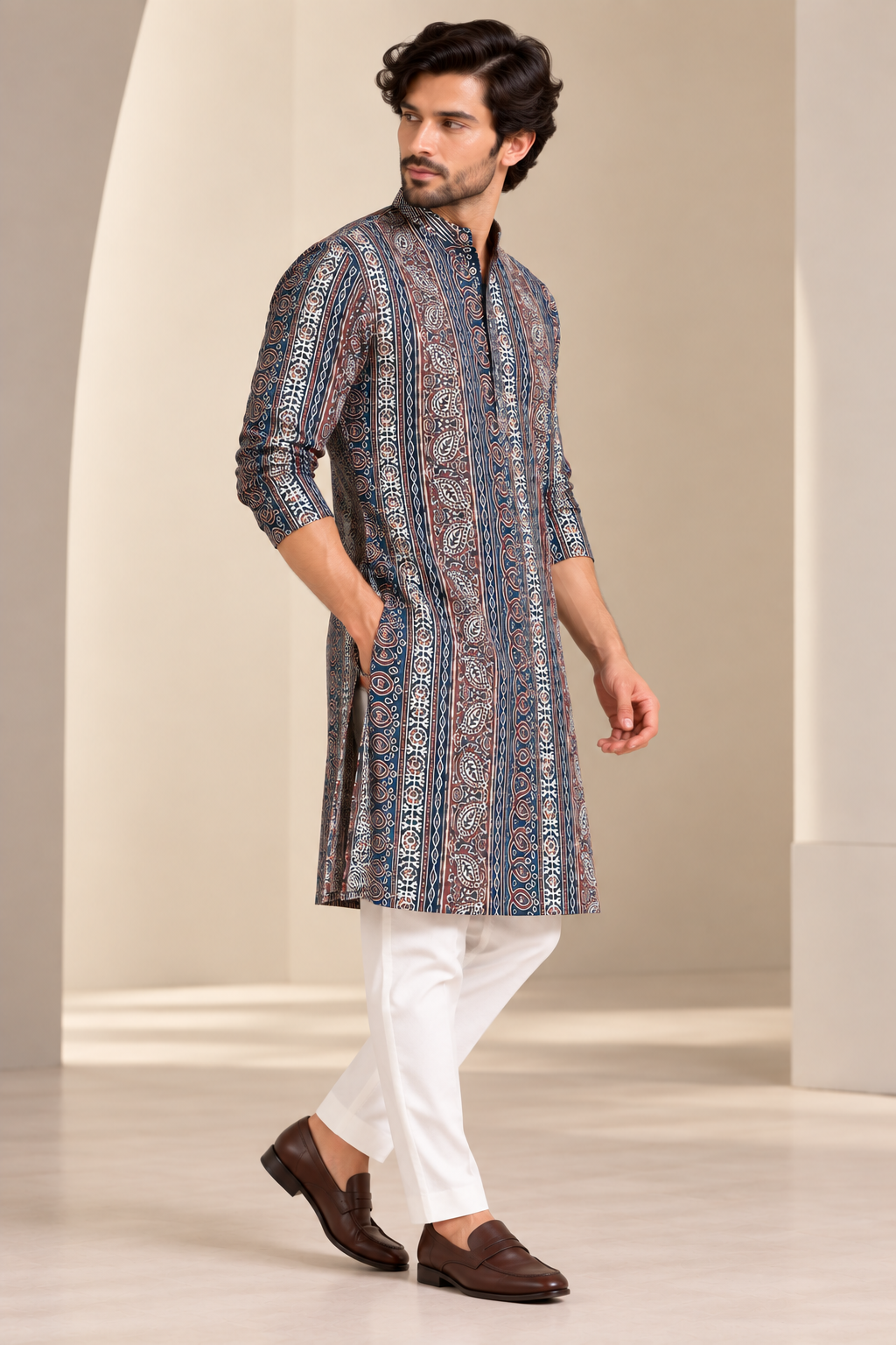 Navy Blue & Maroon Ethnic Printed Cotton Kurta