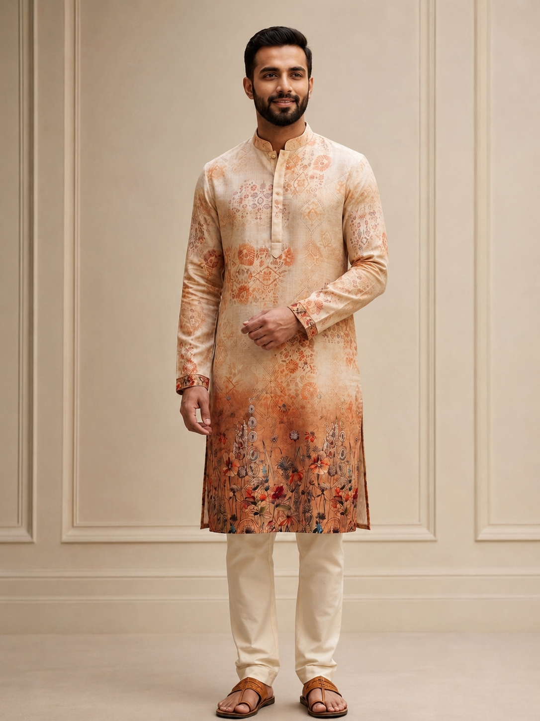 Rust Ombre Floral Digital Print Kurta