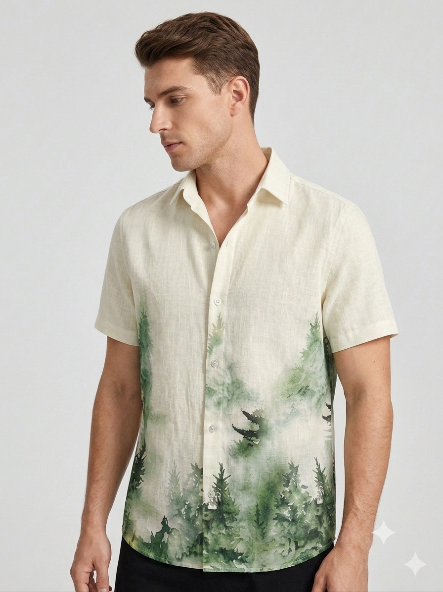 Forest Green Printed Linen Shirt