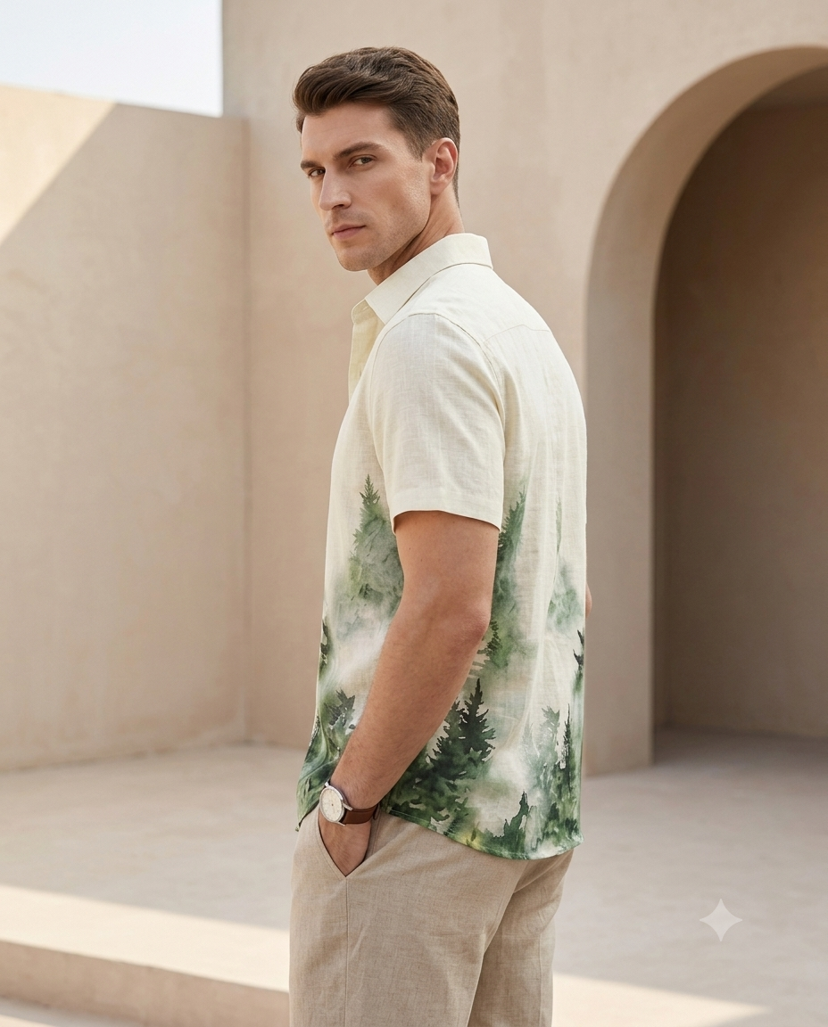 Forest Green Printed Linen Shirt