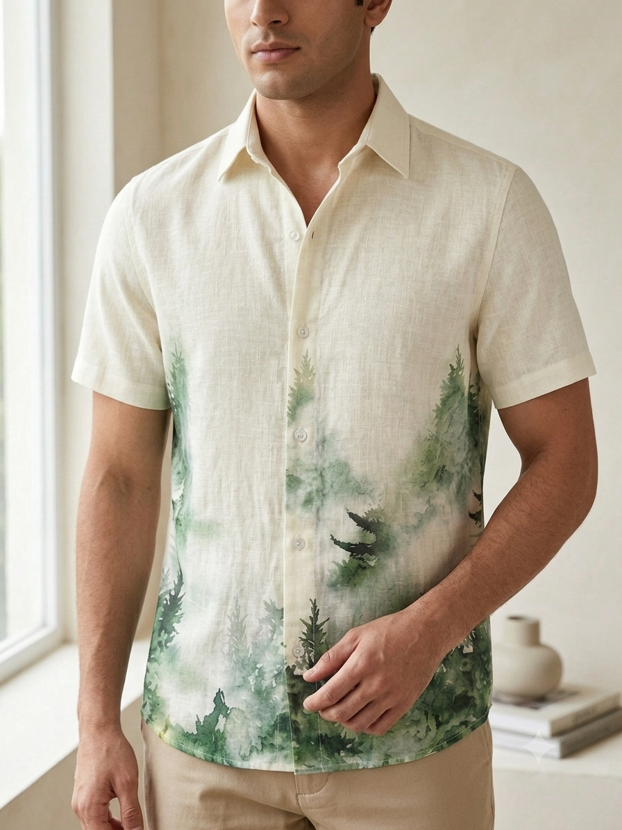 Forest Green Printed Linen Shirt