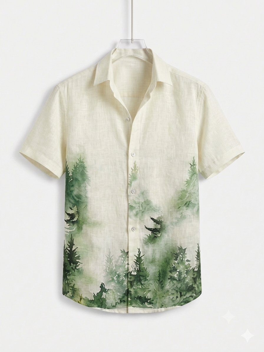 Forest Green Printed Linen Shirt