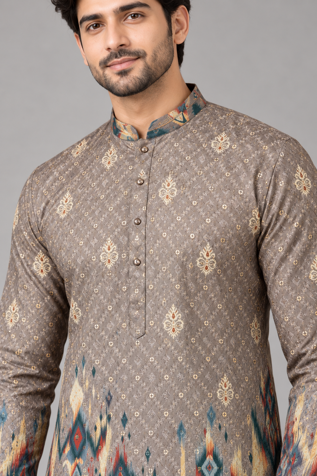 Mocha Brown Ikat Digital Print Kurta