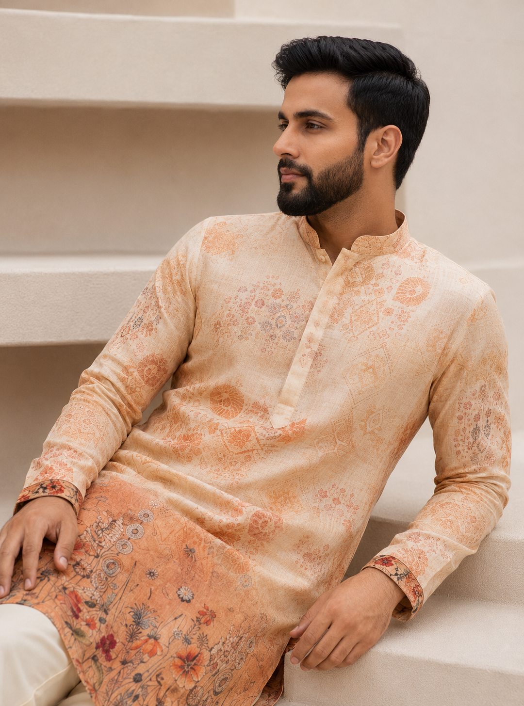 Rust Ombre Floral Digital Print Kurta
